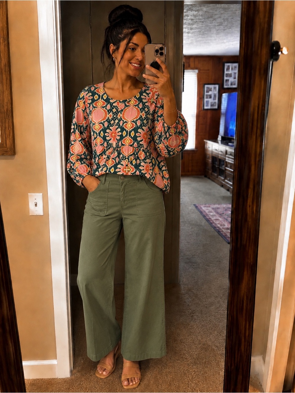 Printed Peasant Blouse in Pink & Green